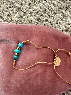 Turquoise Bead Slider Bracelet with Gold Cord Accents